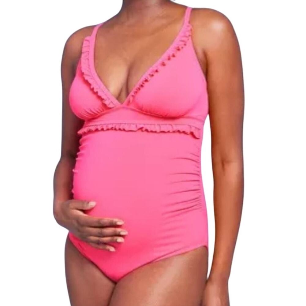 Isabel Pink Ruffled V-Neck Maternity Swimsuit Size MEDIUM